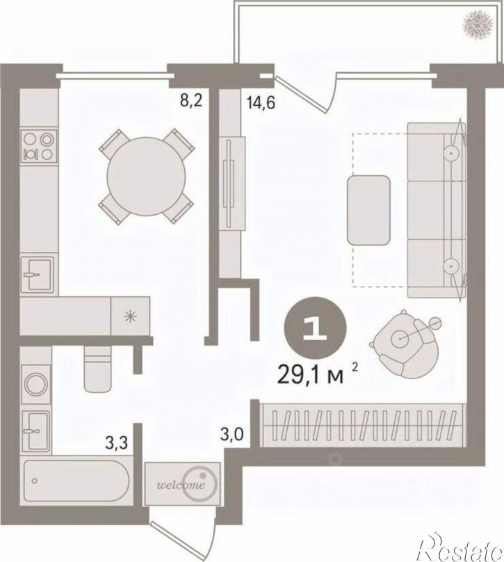 1-комн квартира улица Алексеева, 9,  д. 9