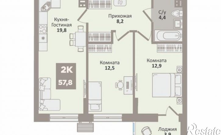2-комн квартира в новом доме жилой район Заозёрный, 12-й микрорайон, 2