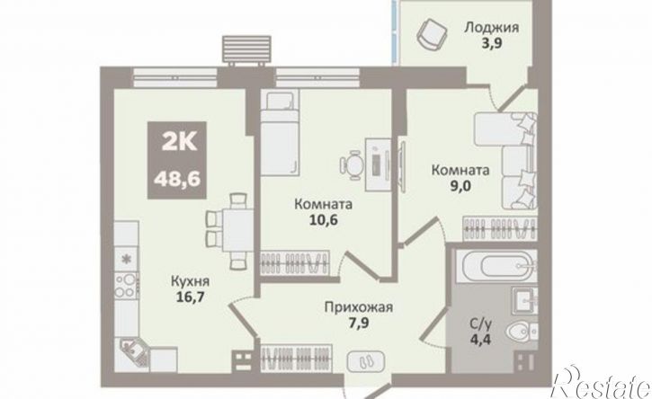 2-комн квартира в новом доме жилой район Заозёрный, 12-й микрорайон, 2