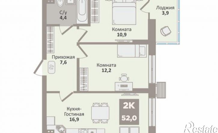 2-комн квартира в новом доме жилой район Заозёрный, 12-й микрорайон, 2