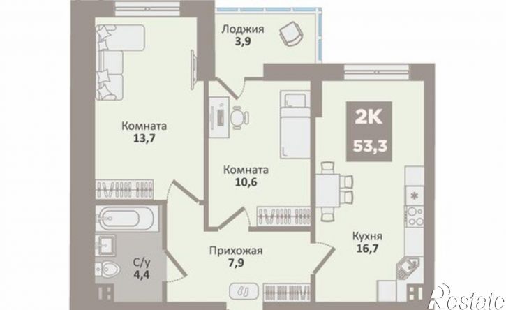 2-комн квартира в новом доме жилой район Заозёрный, 12-й микрорайон, 2