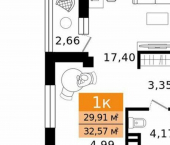 1-комн, 33 кв м, этаж 9/12 Западный район