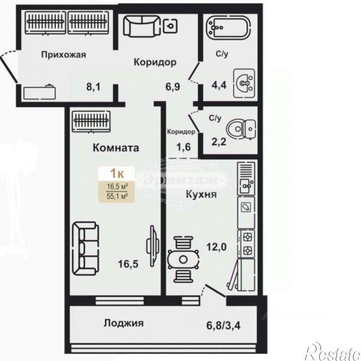1-комн квартира жилой район Заозёрный, 8-й микрорайон, 12