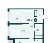 2-комн, 59 кв м, этаж 9/12 18-й микрорайон, 7к1