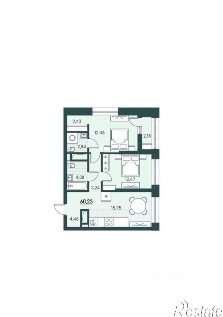 2-комн квартира в новом доме 18-й микрорайон, 7к2