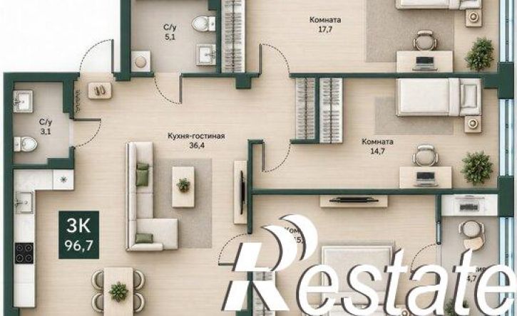 3-комн квартира улица Витебского, 5Б,  д. 5Б