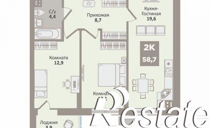 2-комн квартира в новом доме жилой район Заозёрный, 12-й микрорайон, 2