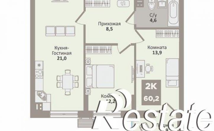 2-комн квартира в новом доме жилой район Заозёрный, 12-й микрорайон, 2